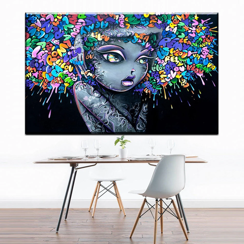 

xdr1020 Cartoon girl graffiti street canvas painting for bedroom and living room decoration