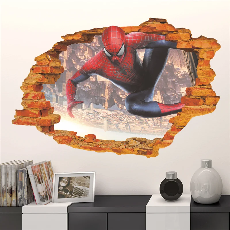 Супер Герои 3d Сломанные Отверстия настенные наклейки для детской комнаты домашний декор Человек-паук Бэтмен Железный человек Халк Мстители настенные наклейки для мальчиков - Цвет: 11 14129S
