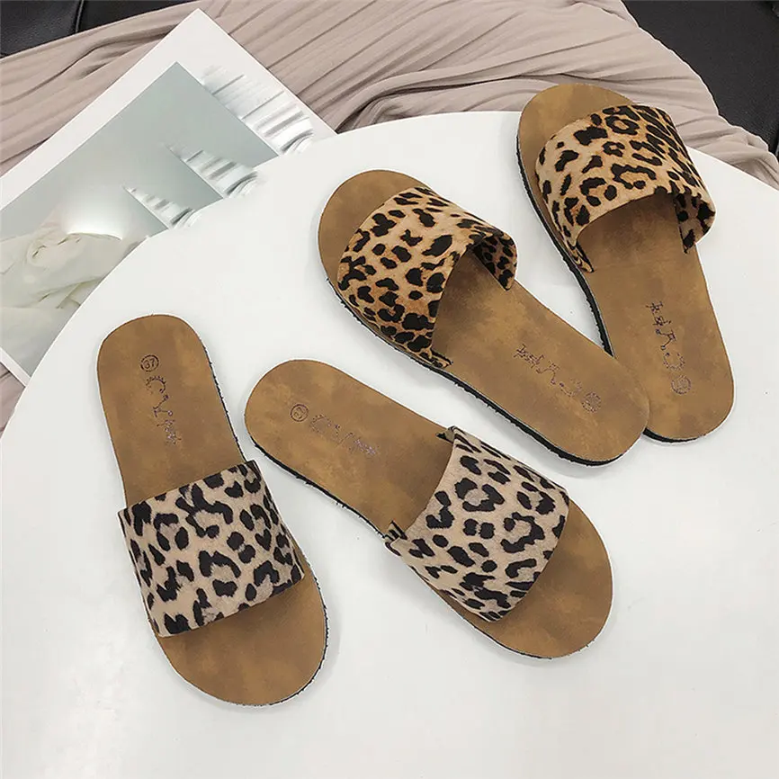 

JAYCOSIN Slippers Women 's Summer Fashion Women's Flat-Bottomed Slippers Open-Toe Fashion Leopard Summer Shoes Beach Shoes xin1