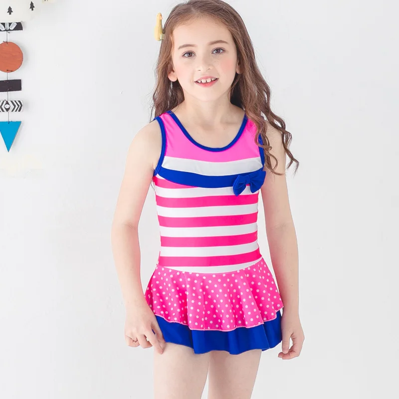 2018 Girl Kids Skirted Skirted Swimsuit Print Dot Striped One Piece