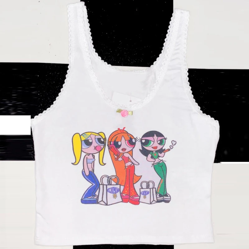 Милый белый топ на бретелях для девочек, женские летние топы с рисунком, футболки, Harajuku, панк, хип-хоп, футболка, Femme, сексуальный уличный жилет, Топ - Color: cartoon tank top