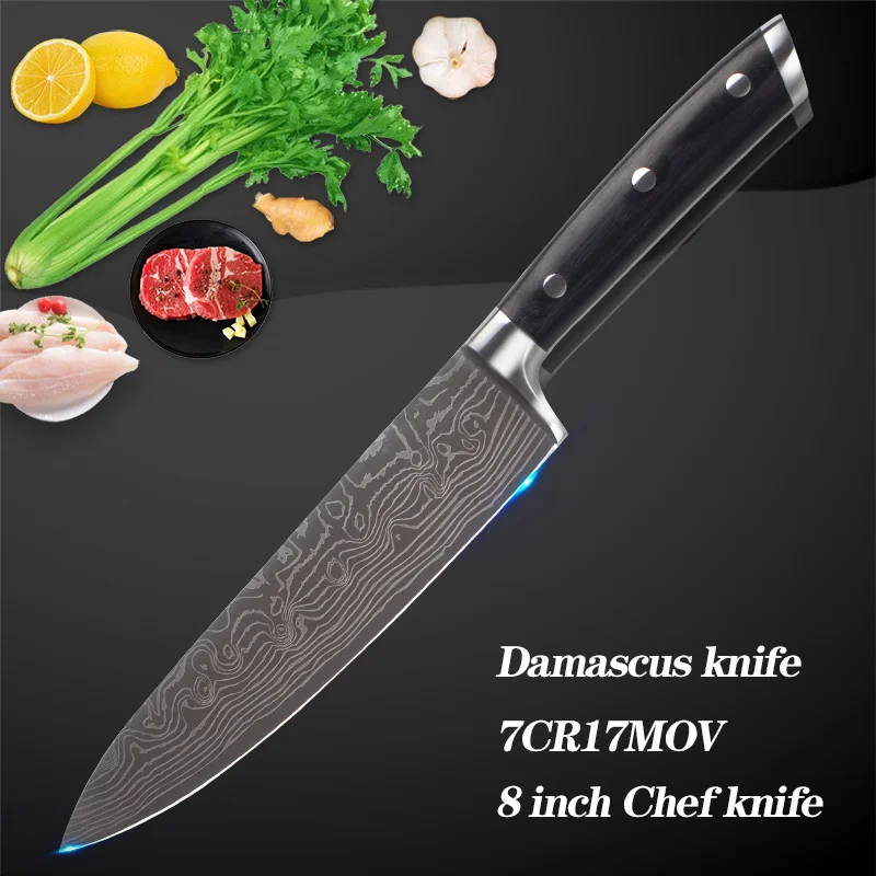 

8"inch Utility 7CR17MOV Chef Knives Imitation Damascus Stainless steel kitchen Knives Vegetable fruit meat Knives Gift Knife