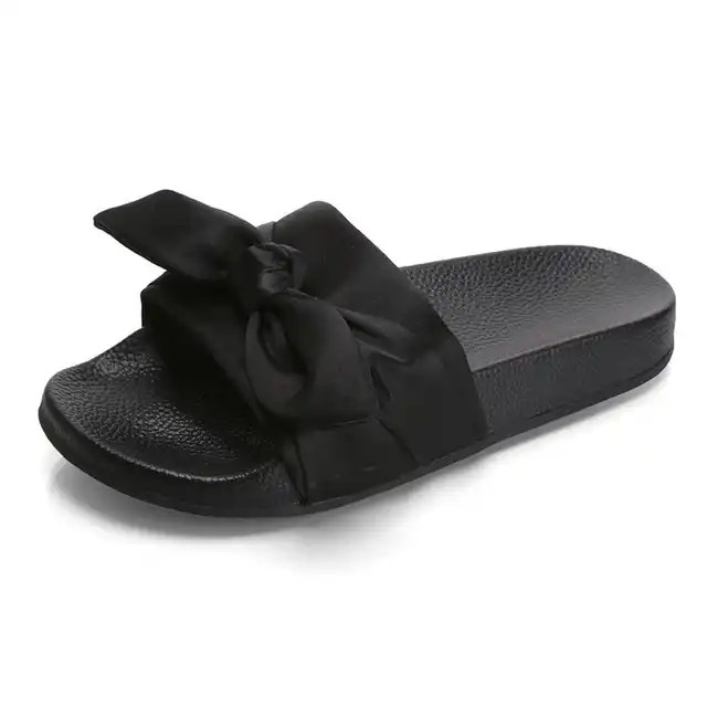 New Summer Women Bow Slides Rihanna Flip Flops Cloth Bow Knot Sandals Flat Thick Bottom Outdoor Indoor Slippers Cute Beach Shoes,Gray,8