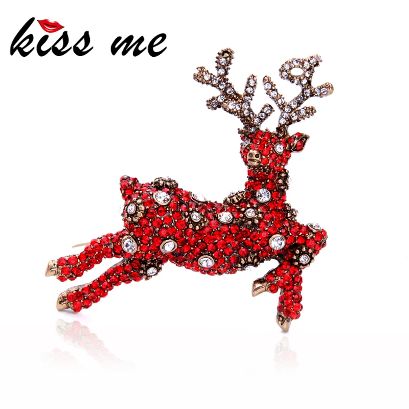 

KISS ME Red Crystal Deer Brooches for Women Unique Antique Gold Color Jewelry Accessories New Year Gift