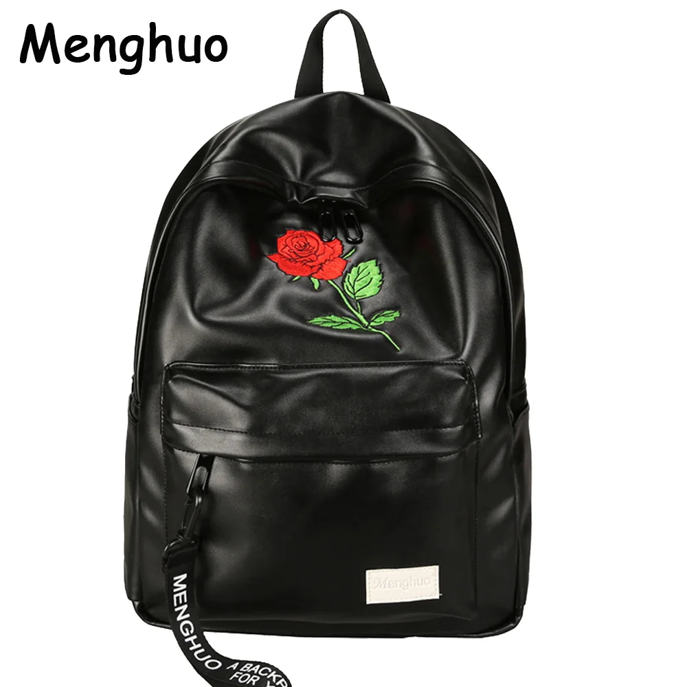 Menghuo Unisex PU Leather Backpack Women Embroidery Rose Backpack Lovers Men's Leather Backpack Travel Bag for Teenagers Mochila