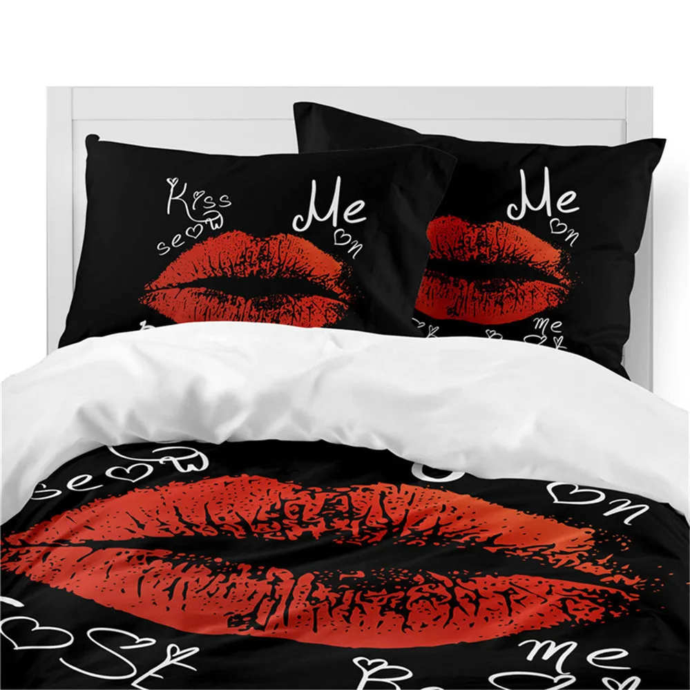 الفتيات رومانسية طقم سرير أحمر شفاه حاف مجموعة غطاء إلكتروني طباعة الفراش الملك الملكة غطاء لحاف المخدة ديكور غرفة نوم D35