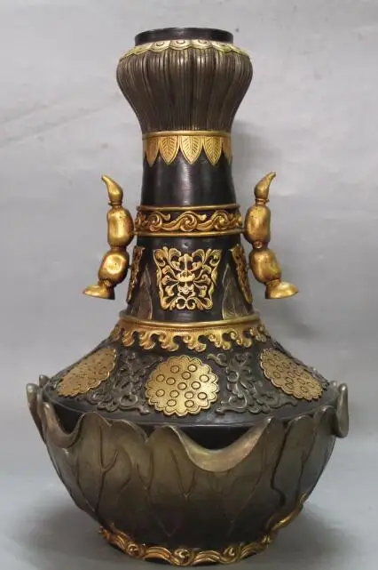 

S01427 13"Marked China Purple Bronze 24K Gold Pure Silver lotus root Vase Bottle Statue (B0413)