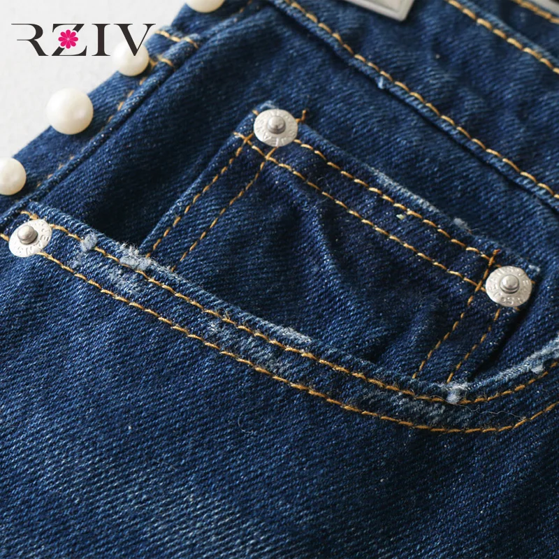 RZIV winter jeans woman boyfriend beading decoration solid color mom jeans denim pants