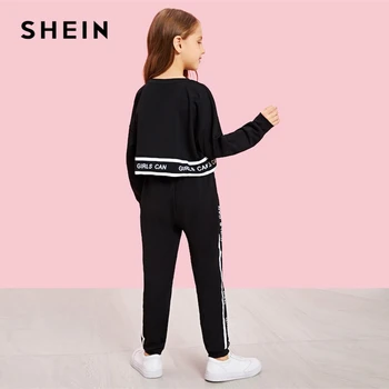 SHEIN Girls Lettering Trim Casual Pullover And Pants Set Kids Clothing 2019 Spring Active Wear Long Sleeve Girls Clothes 2