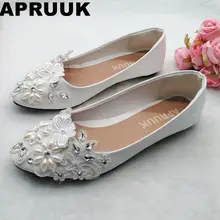 Дизайн белое кружево жемчуг Свадебная женская обувь бабочка ручной работы Большие размеры Стразы без шнуровки невесты обувь на плоской подошве