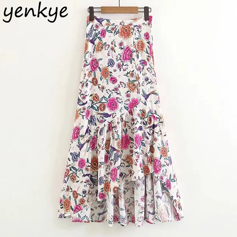 

Women Floral Printed Holiday Boho Skirts Single-Breasted Button Rulffe Long Skirt Maxi Female High Waist Beach Summer Skirt