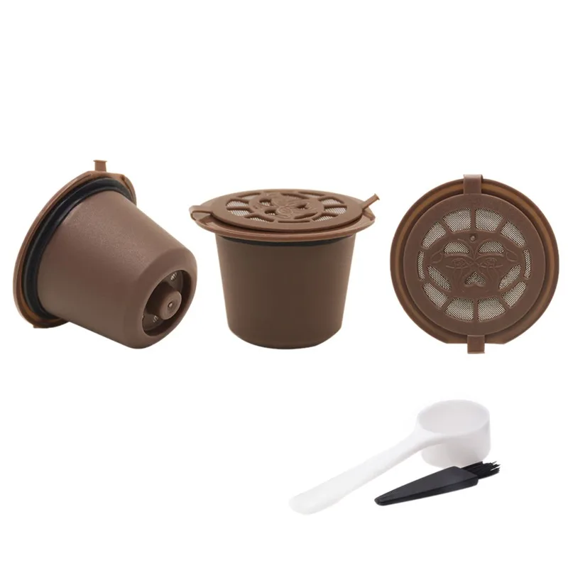 Drop Shipping 3pcs Coffee Filter Reusable Refillable Coffee Capsule Eco-friendly Filters For Nespresso With Spoon And Brush 20ML - Color: Coffee