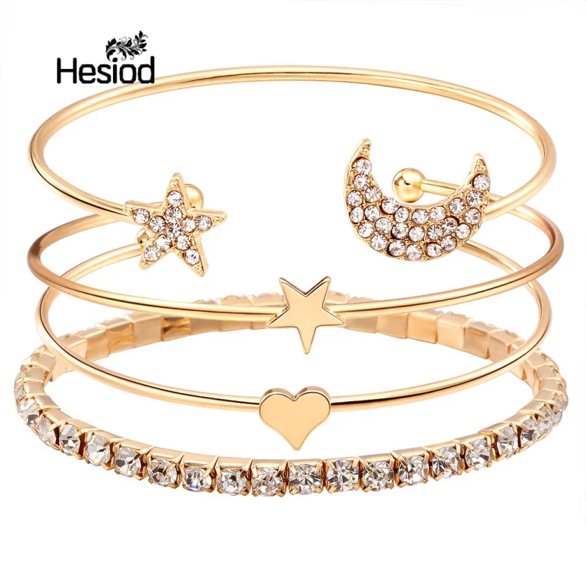 

Hesiod New Design Charm 4pcs Gold Silver Multilayer Bangle Bracelet for Women Star Moon Heart Crystal Bangles Fashion Jewelry