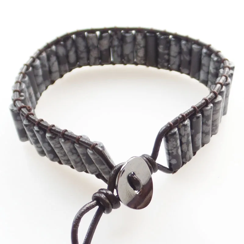 

(Min.order 10$ mix) A Strand 13x5mm Snowflake Obsidian Column Beads Wrap Leather Adjustable Bracelet 7.5 inch SHX1324