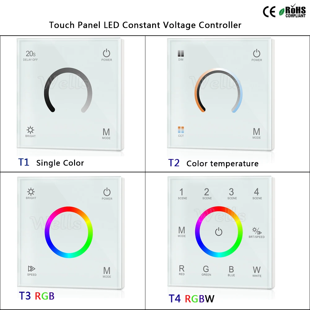T1/T2/T3/T4 2,4G настенный сенсорный Панель светодиодный постоянного Напряжение контроллер для одного цвета/цветовая температура/RGB/RGBW светодиодный полосы
