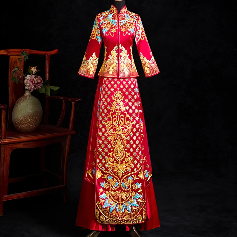 Китайский женский свадебный костюм Cheongsam атласный китайский воротник Qipao плиссированные платья классический винтажный древний костюм