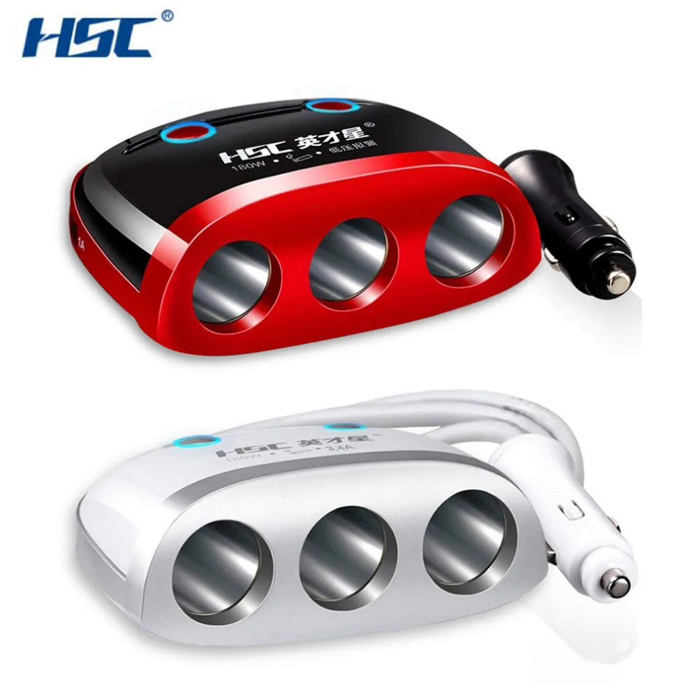HSC YC 09B 8 in 1 Car Cigarette Lighter 3 Way 180W Auto Socket Splitter USB