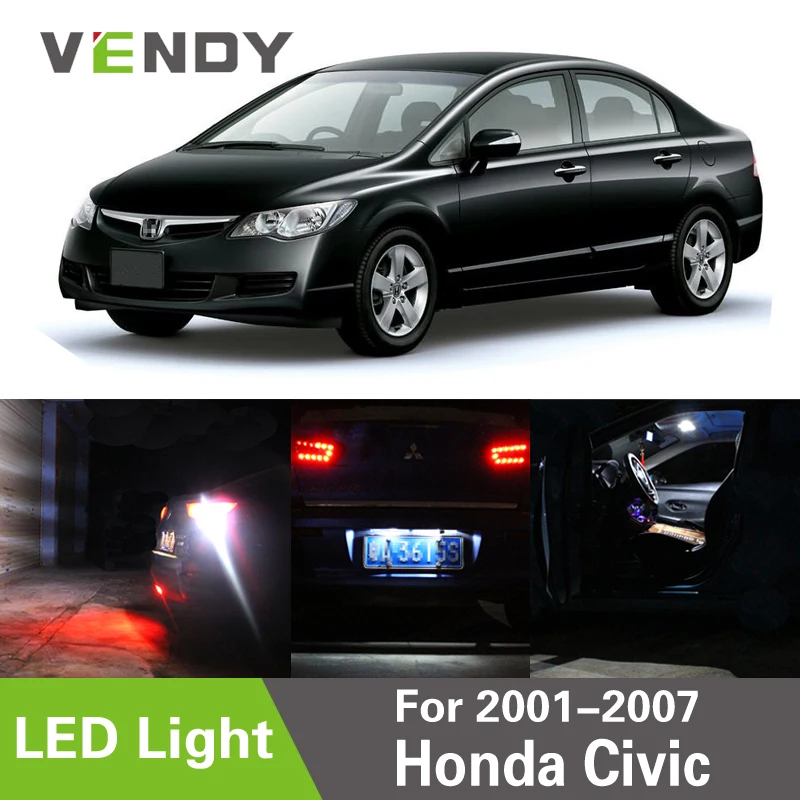

VENDY 1pcs LED Light For 2001-2007 Honda Civic For Reverse Brake License Plate Dome Map Trunk Bulb Lamps T10 W5W W21W 7440 7443