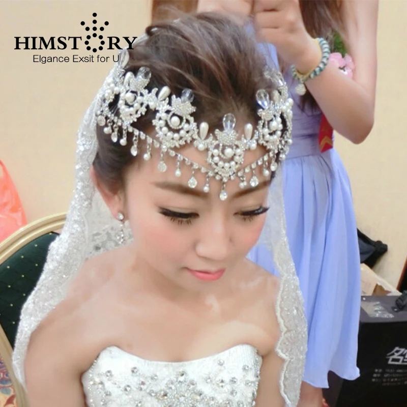 

HIMSTORY Luxury Rhinestone Vintage Wedding Pearl Hair Jewelry Bridal Hair Accessories Forehead Jewelry Wedding Crown