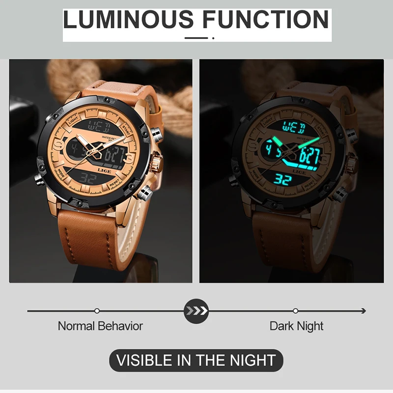 

2019 New LIGE Mens Watches Luxury Brand Sport Watch Men LED Digital Waterproof Leather Quartz Watch Man Clock Relogio Masculino