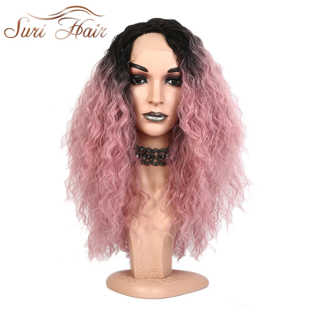 Сури волос кружева спереди вьющиеся синтетический парик кудрявый для женщин Ombre зеленый двухцветный черный корень розовый цвет длинные