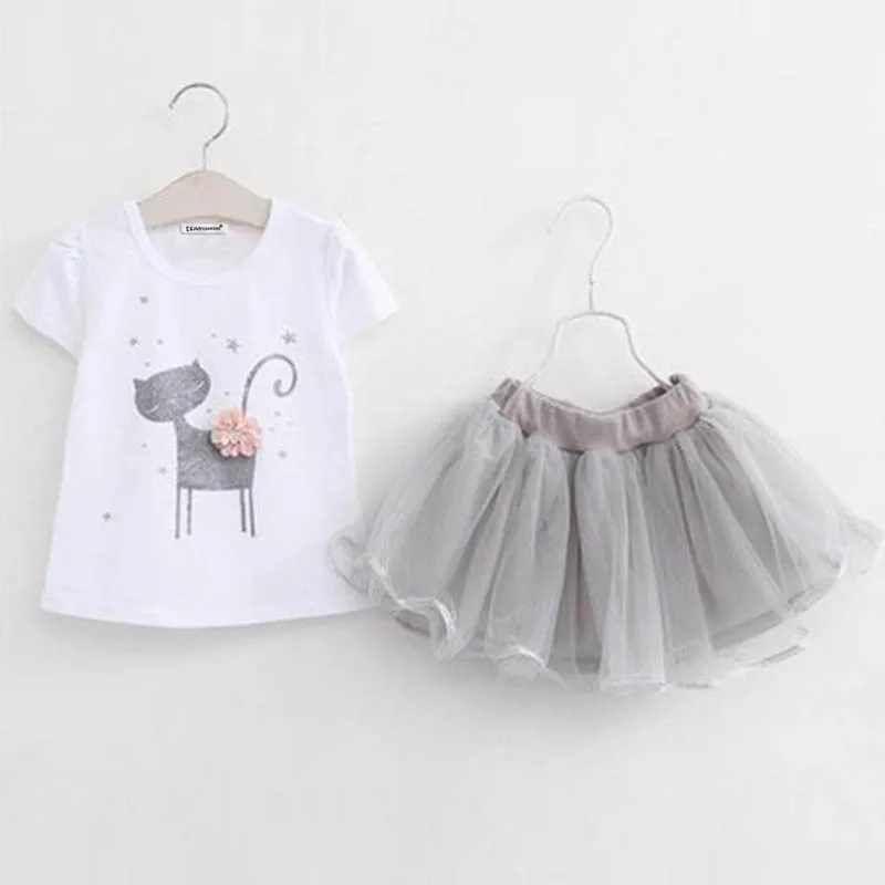 Комплекты одежды для девочек новые летние модные стильные футболки с принтом котенка+ платье с вуалью комплекты одежды для девочек из 2 предметов Детский костюм