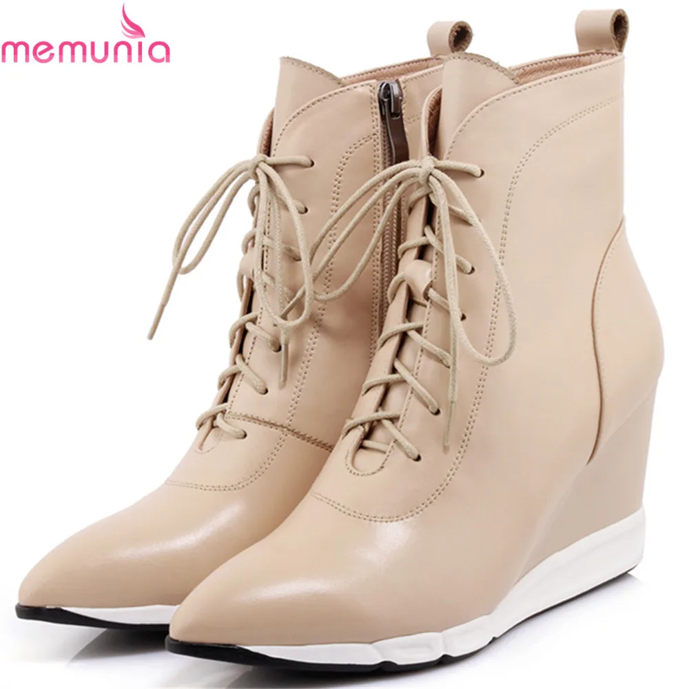 MEMUNIA black apricot fashion women boots zipper genuine leather ladies boots cross tied cow leather wedges ankle boots