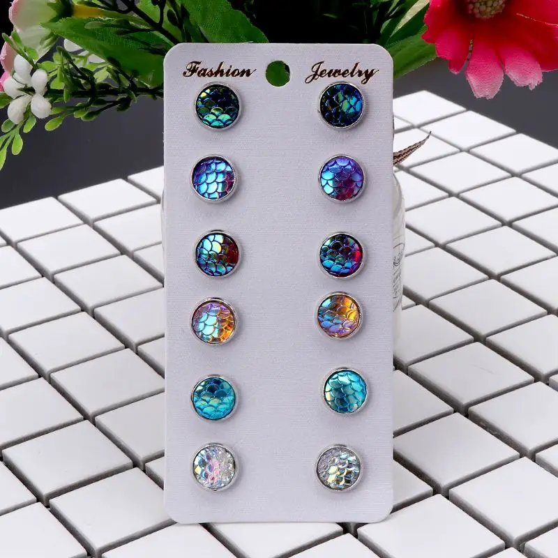 

6 Pairs Beauty Scale Round Crystals Assorted Stud Earrings Set Women