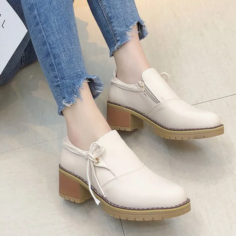 

TANGNEST New Spring Fashion Solid PU Leather Med Square Heel Women Pumps Slip-On Round Toe Comfortable Shoes Size 35-39 XWD7538