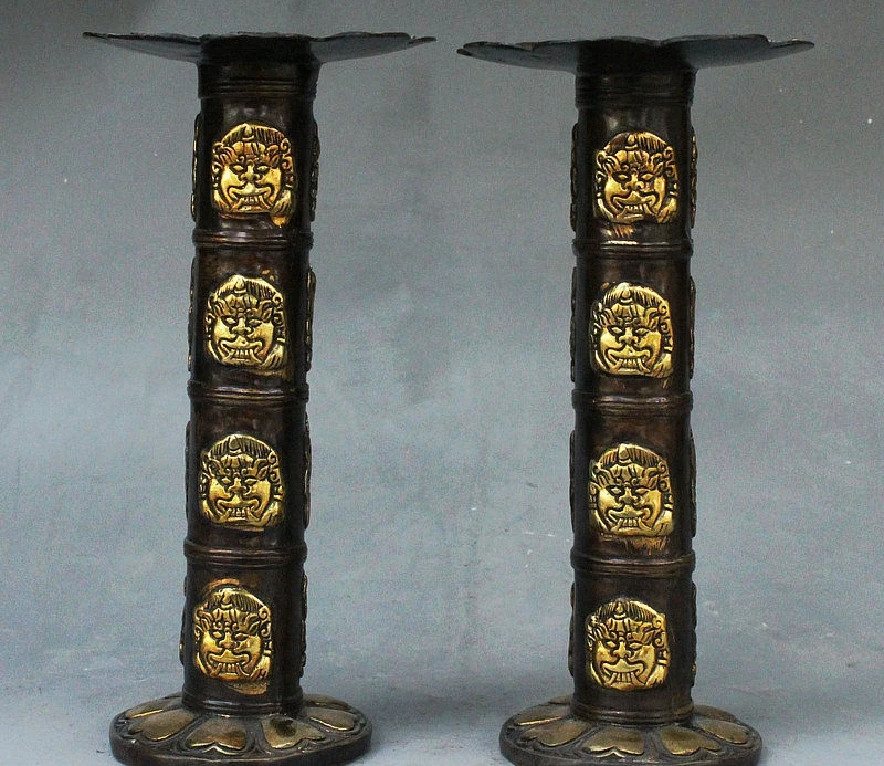 

Old China Bronze Gilt 8 Auspicious Symbol Beast Candle Holder Candlestick Pair