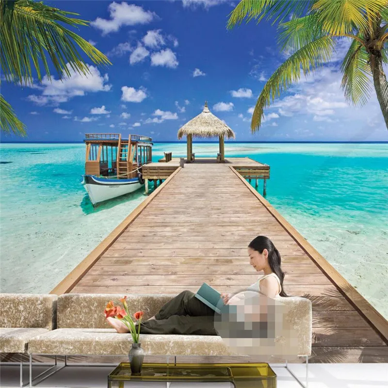

Mural Wallpapers Home Decor Photo Background Wall Paper Photography Maldives Beach Wooden Bridge Hotel Bathroom Large Wall Mural