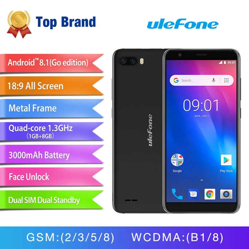 Ulefone S1 мобильный телефон 5,5 inch 18:9 MTK6580 4 ядра 1 ГБ Оперативная память 8 GB Встроенная память 8MP + 5MP сзади две камеры Android 8,1 3g/4G смартфон