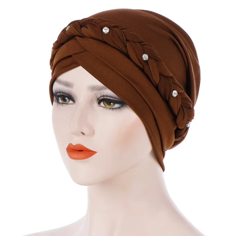 

Muslim Women Braid Cross Silk Rhinestone Braid Turban Hat Scarf Cancer Chemo Beanie Cap Hijab Headwear Head Wrap Accessories