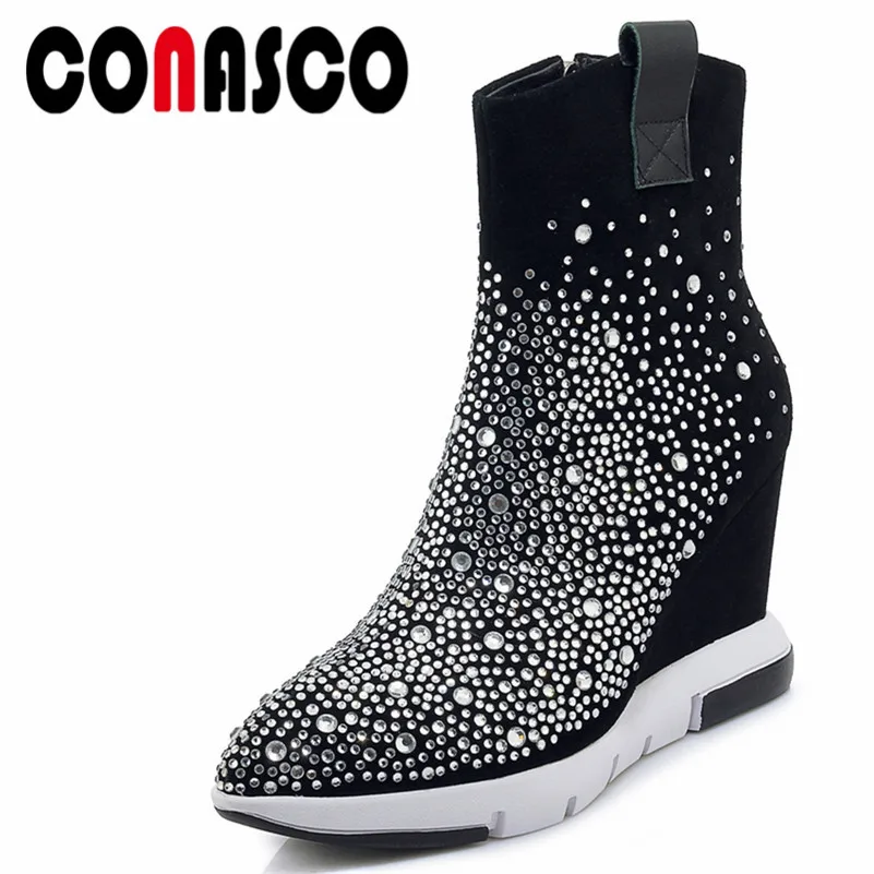 

CONASCO Fashion Women Rhinestone Night Club Party Basic Boots Cow Suede Autumn Winter Warm Wedges High Heels Shoes Woman Pumps