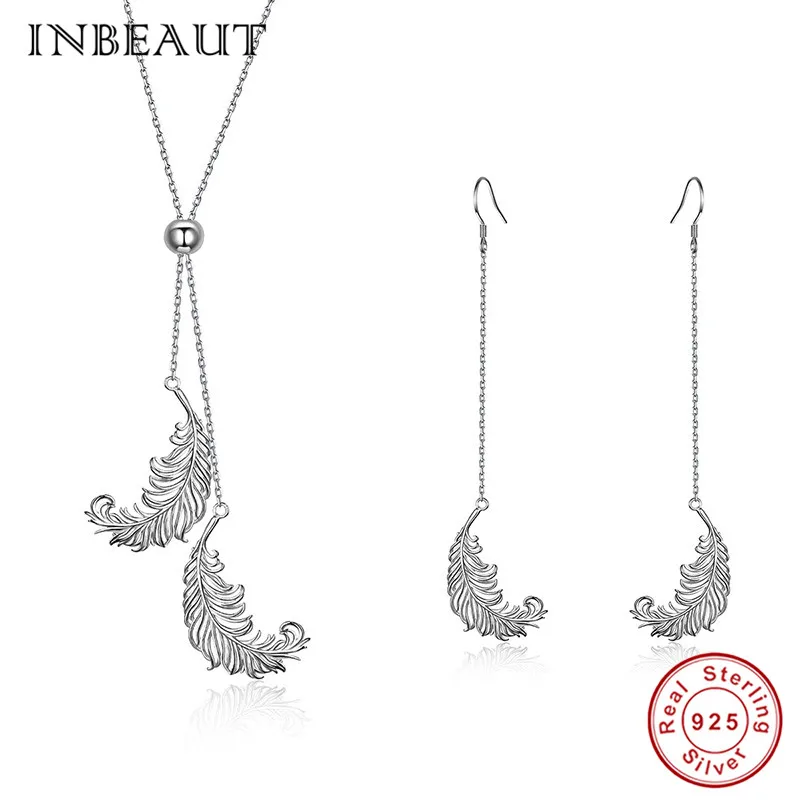

INBEAUT Vintage Feather Drop Earrings 925 Sterling Silver Double Feathers Pendant Necklace New Arrival Engagement Jewelry Set