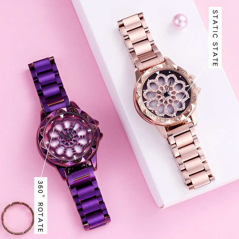 

Dial rotation Women Watches Luxury waterproof Woman Watch Fashion Crystal Female style Leather Band Ladies Watches Montre Femme