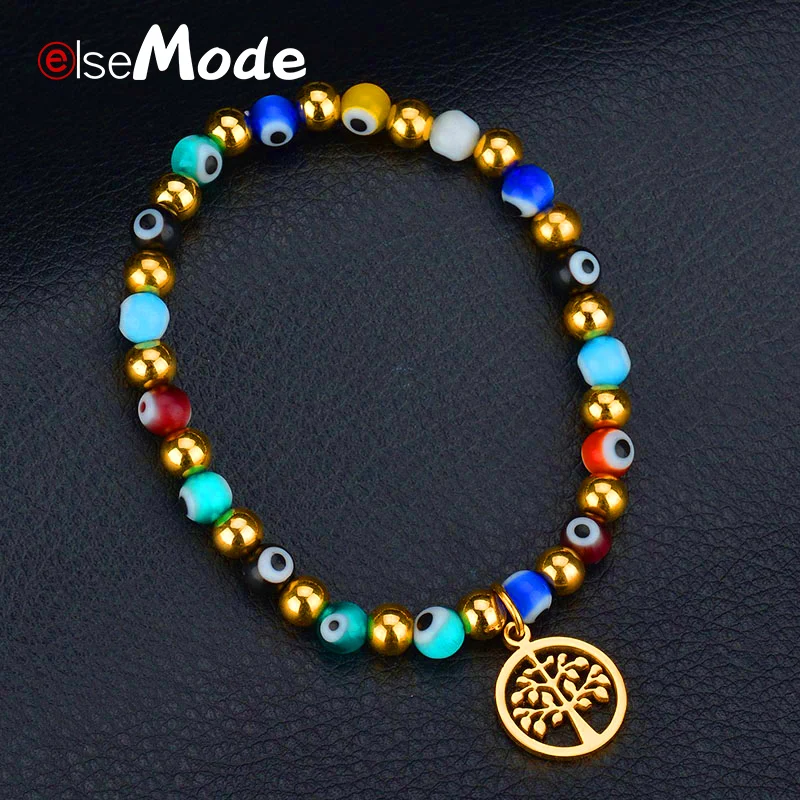 ELSEMODE Amulet Tree Life Blue Eye of Medusa 316L браслет из нержавеющей стали с бусинами Унисекс На