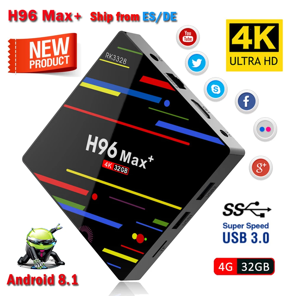 

2019 H96 Max Plus Android 8.1 Smart TV Box 4GB RAM 32GB ROM RK3328 Set-top Box 2.4G/5G WIFI H.265 USB3.0 4K Google Media Player