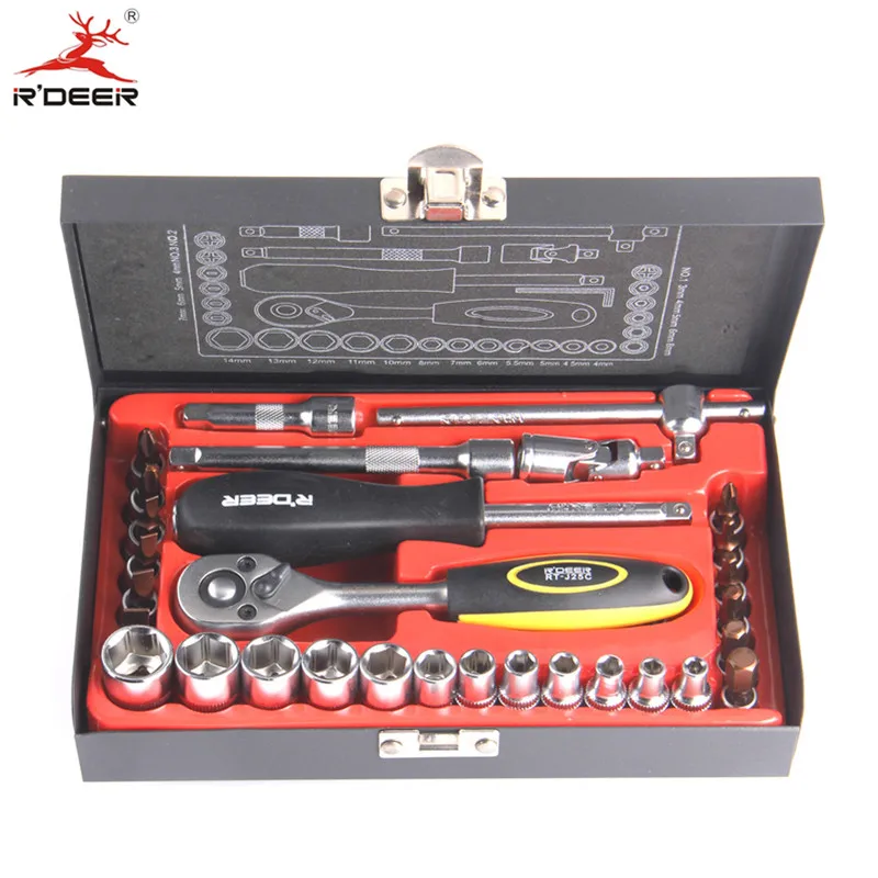 

RDEER 1/4" Socket Wrench Set 33pcs Quickly Release Ratchet Handle Chromium-Vanadium Steel Car Maintenance Hand Tools