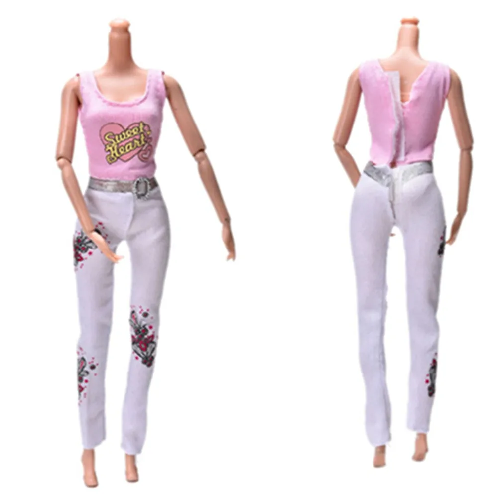 

11" Dolls Fashion White Pants Printed Clothes Pink Vest Suit For Barbie Doll Accessories 2 Pcs/Set