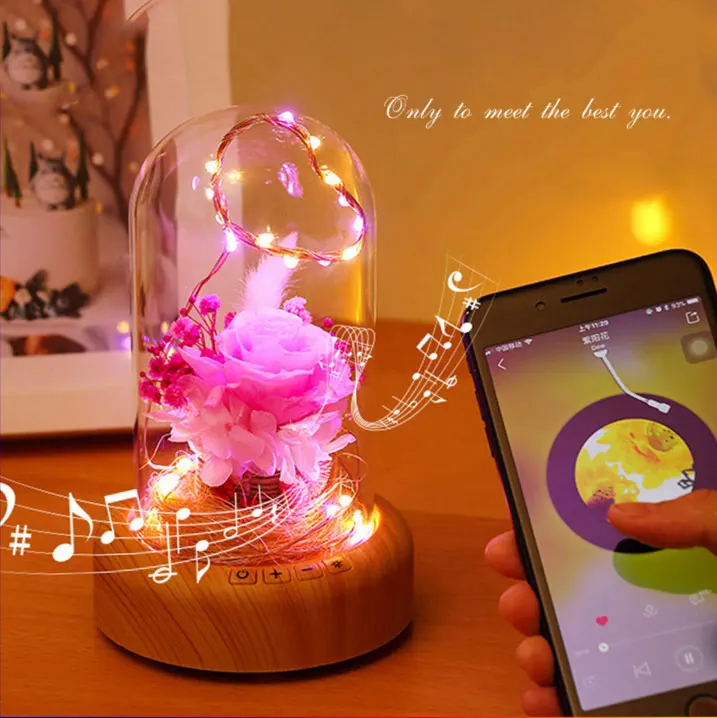 

102*155mm Wedding Bluetooth Music Box LED Roses In Flask Rose Glass Flower Home Decor Valentine's Day Birthday March 8 Gifts