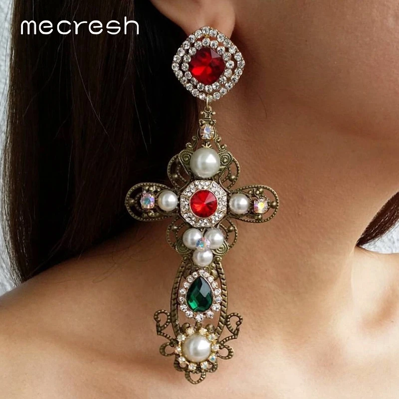 

Mecresh Statement Simulated Pearl Large Earrings for Women 2019 Bohemian Gold Color Long Dangle Earrings Fashion Jewelry MEH1284