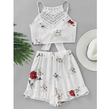 

2019 summer new suit fashion print slim lace halter casual loose shorts temperament elegant wild women's two-piece suit