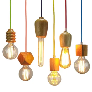 

Mordern pendant lights Oak Wood Vintage lamp 120cm color wire E27 socket wood lamp holder pendant lamp fixture ZDD0002