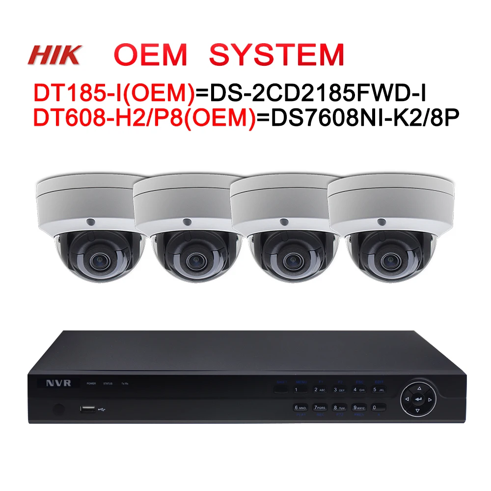 

4K 8POE Security CCTV System Kits NVR Hikvision OEM DT608-H2/P8=DS-7608NI-K2/8P & 4pcs 8MP IP Camera DT185-I=DS-2CD2185FWD-I
