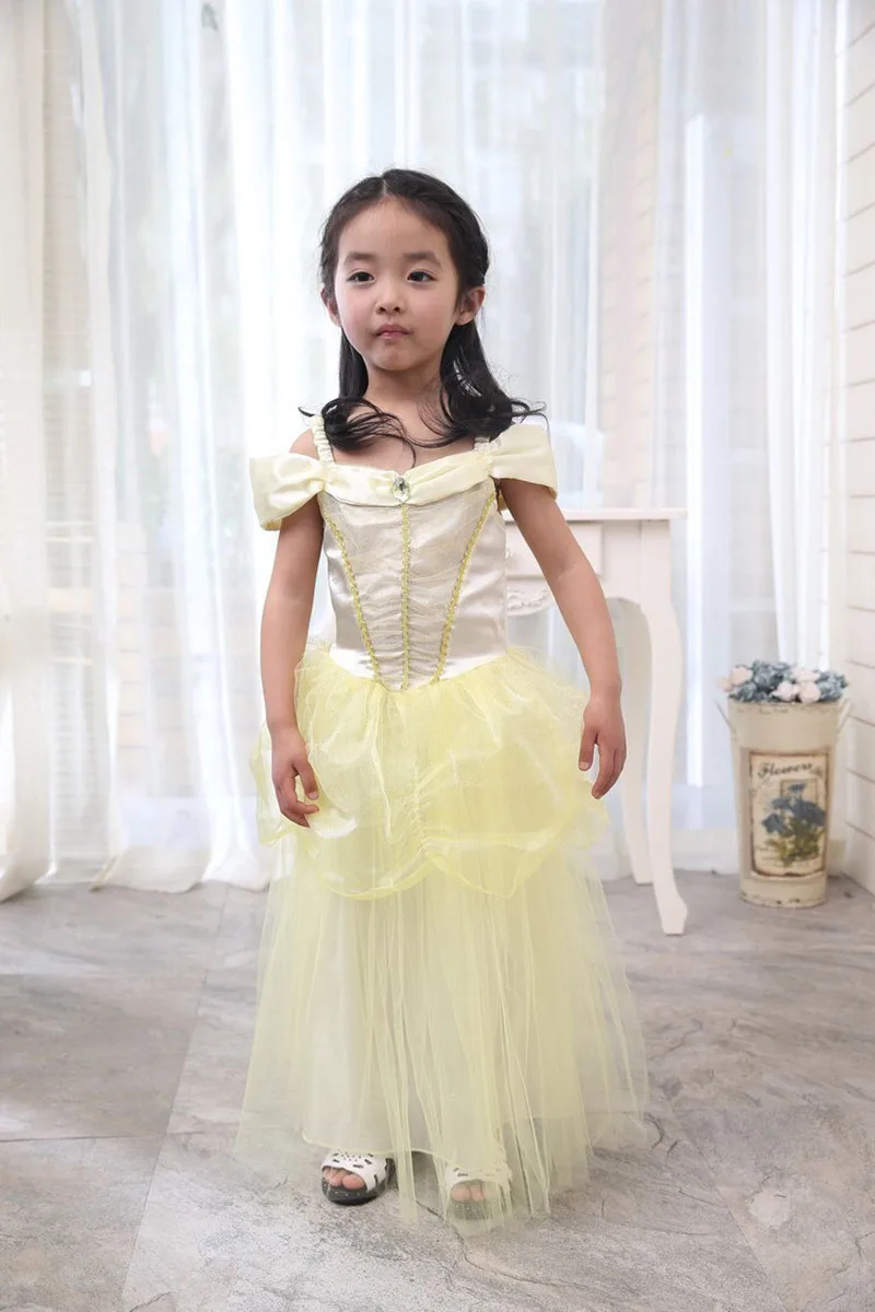 Малыш Девушки Belle костюм принцессы летние Длинные Желтый Тюль атласное платье Золотой холодной шеи наряд для вечеринки платье без рукавов