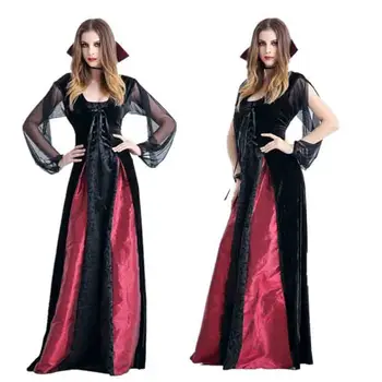 

Women Vampire Queen Cosplay Carnival Costume Black With Red Gothic Dress Female Halloween Vampire Zombie Queen Costume Plus Size