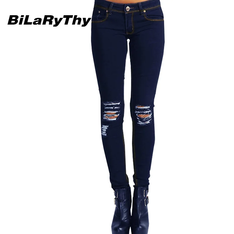 BiLaRyThy New Arrival Women Jeans Dark Blue Ripped Skinny Pencil Pants