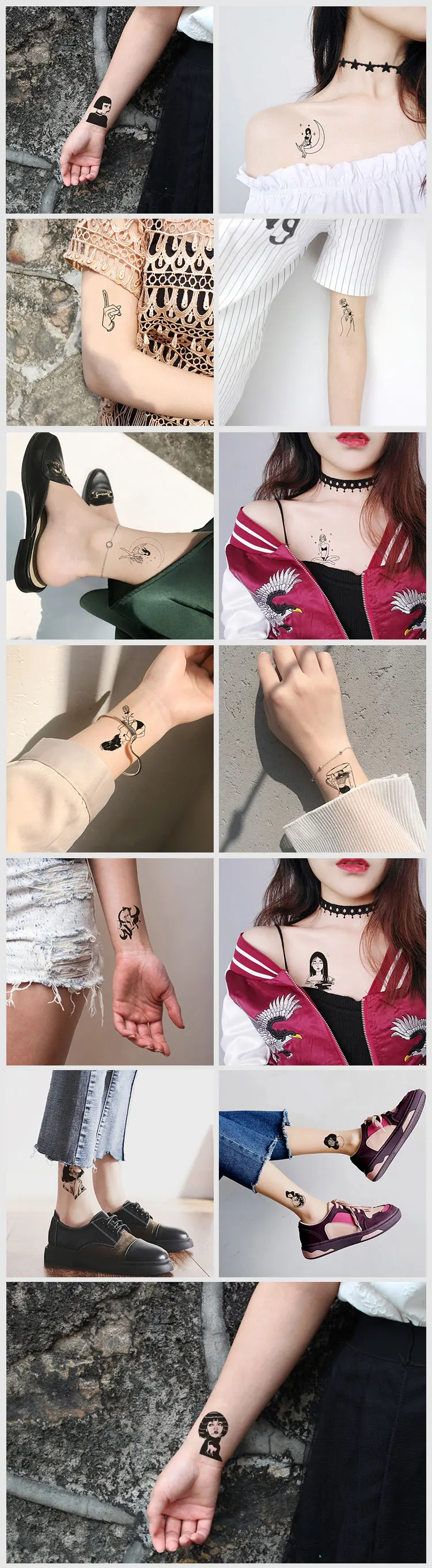 16 листов разные черные маленькие татуировки Дизайн Женские уникальные Временные татуировки стикер боди-арт поддельные руки татуировки