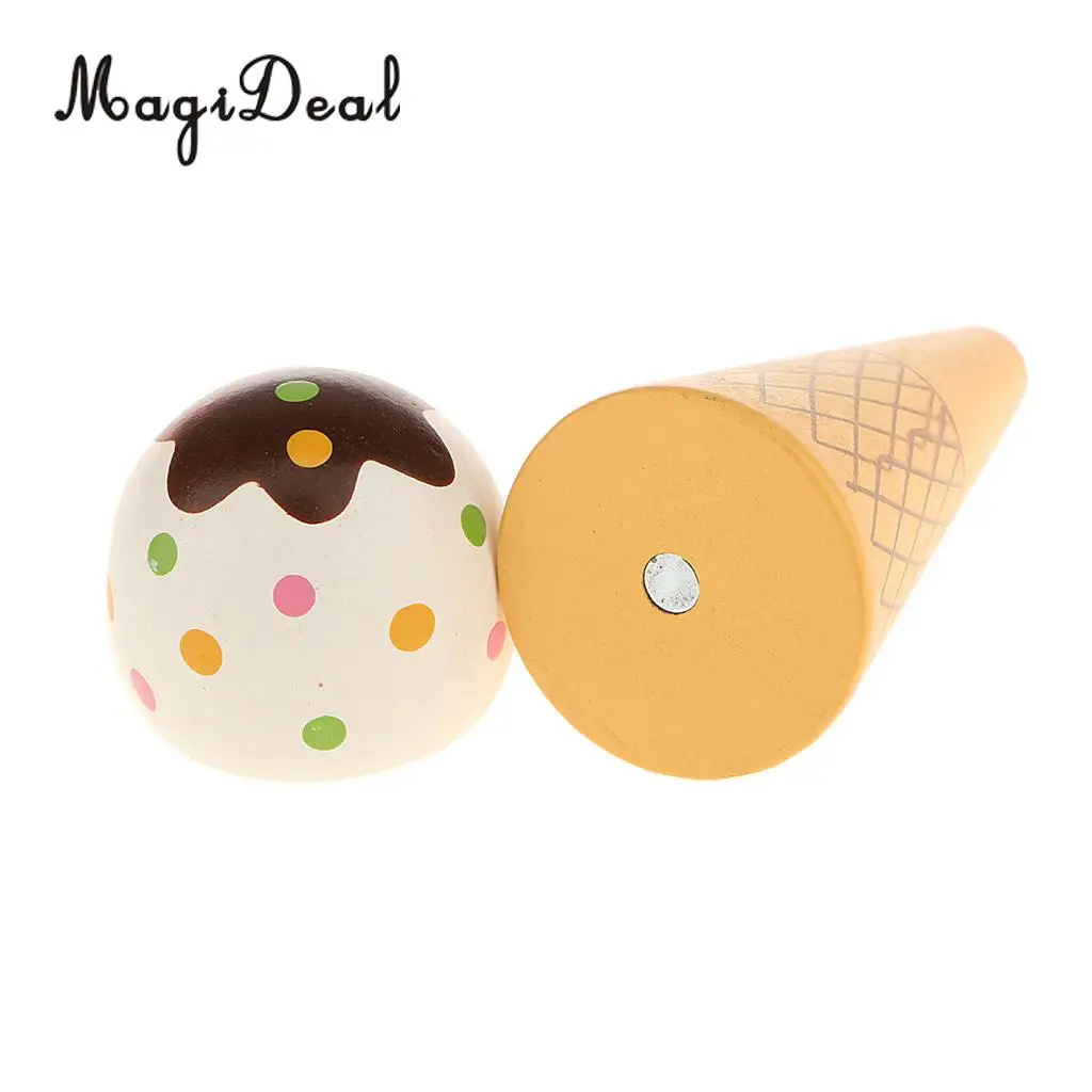 MagiDeal High Simulation 1Pc Wooden Magnet Connected Ice Cream Cone Food for Kids Pretend Play House Kitchen Squishy Toy 2Colors